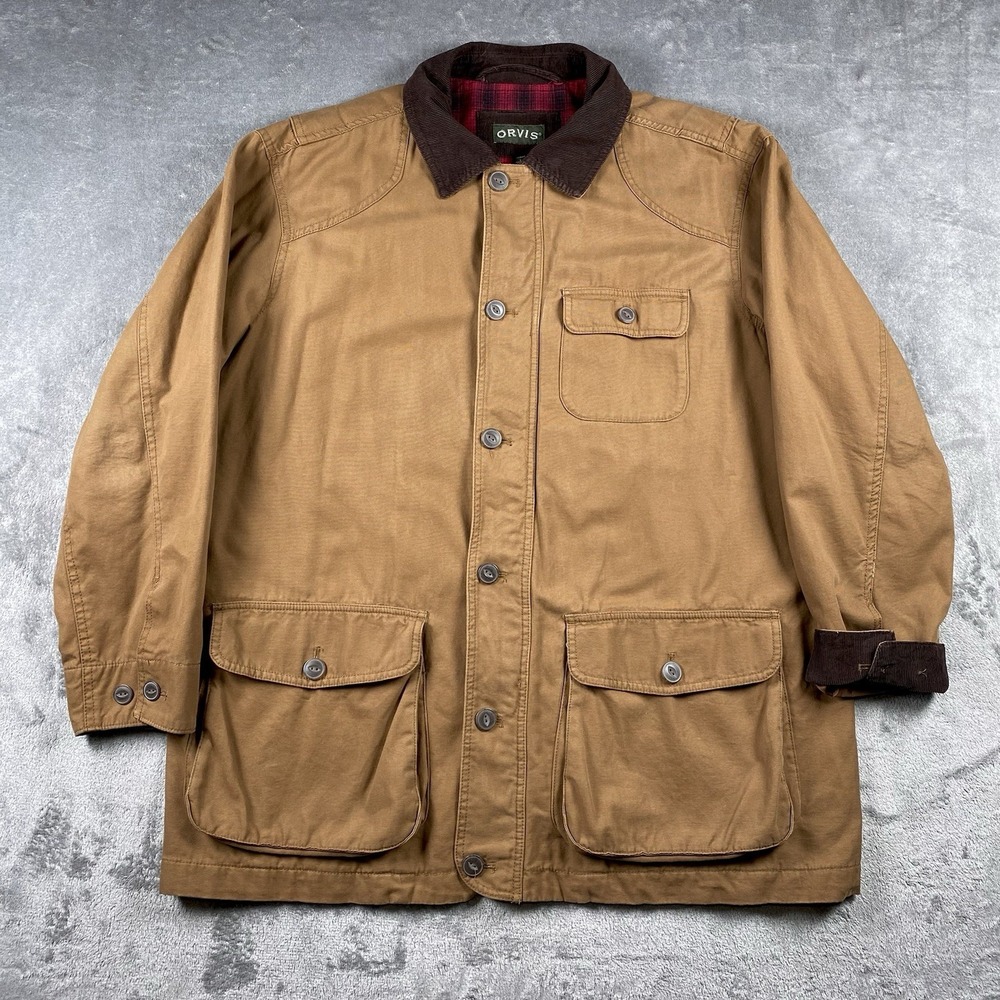 Orvis Jacket Mens Size L Tan Barn Field Chore Coat Corduroy Collar Flannel Lined
